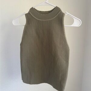 Khaki Ribbed High-Neck Tank Top